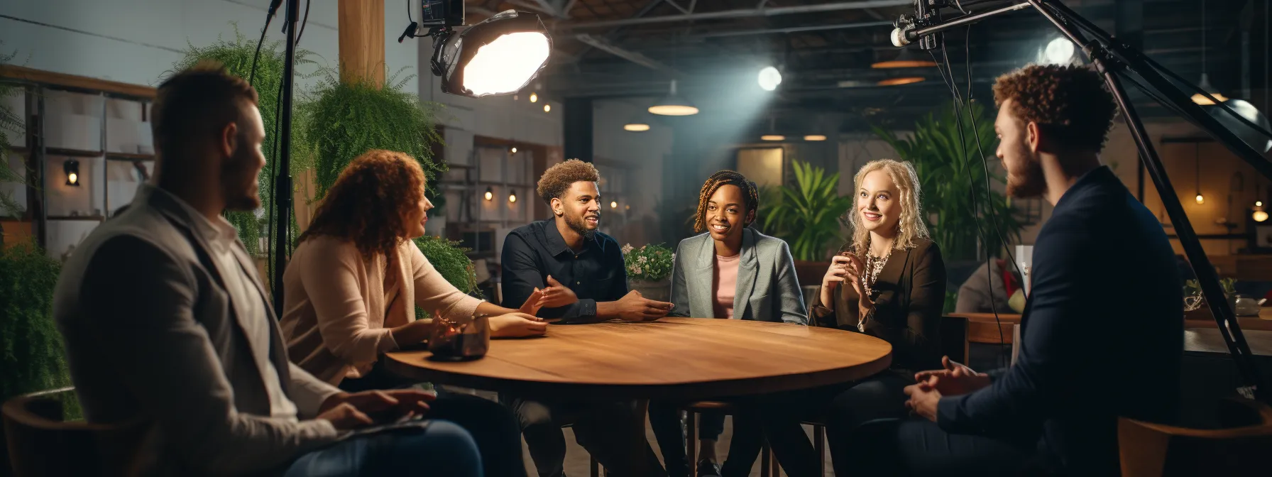 Six people sit around a round wooden table in a modern, well-lit space, engaged in conversation. Professional lighting equipment is visible in the background.