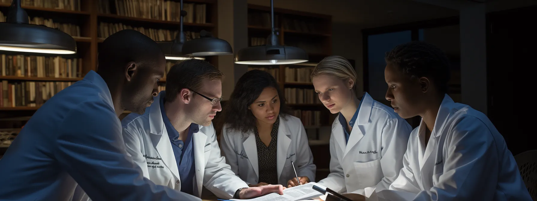 a group of graduate students conducting an in-depth review of research papers and engaging in keyword research to understand niche areas within the medical field.