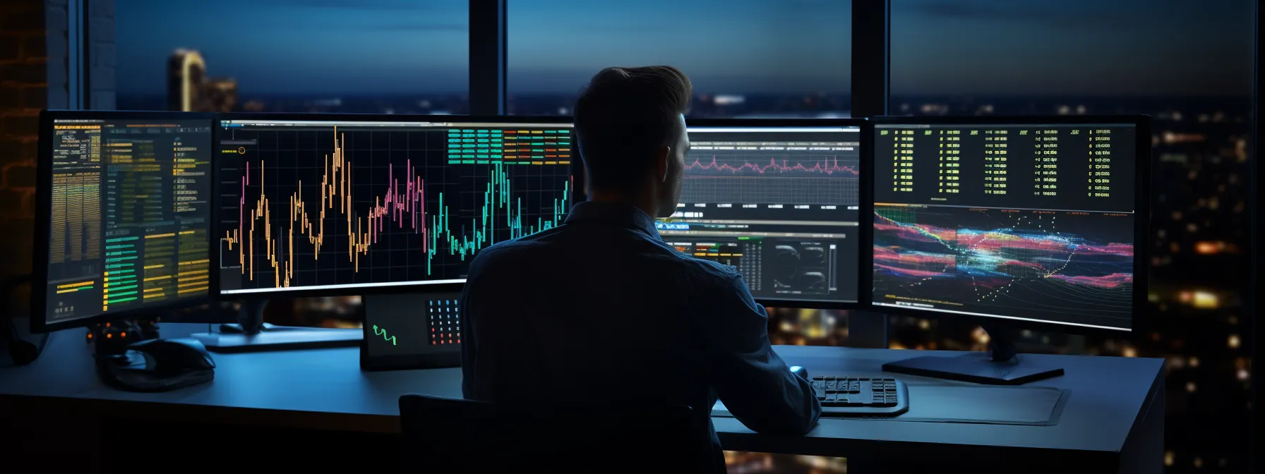 A person sits at a desk with multiple monitors displaying financial charts, graphs, and data, overlooking a cityscape at night.