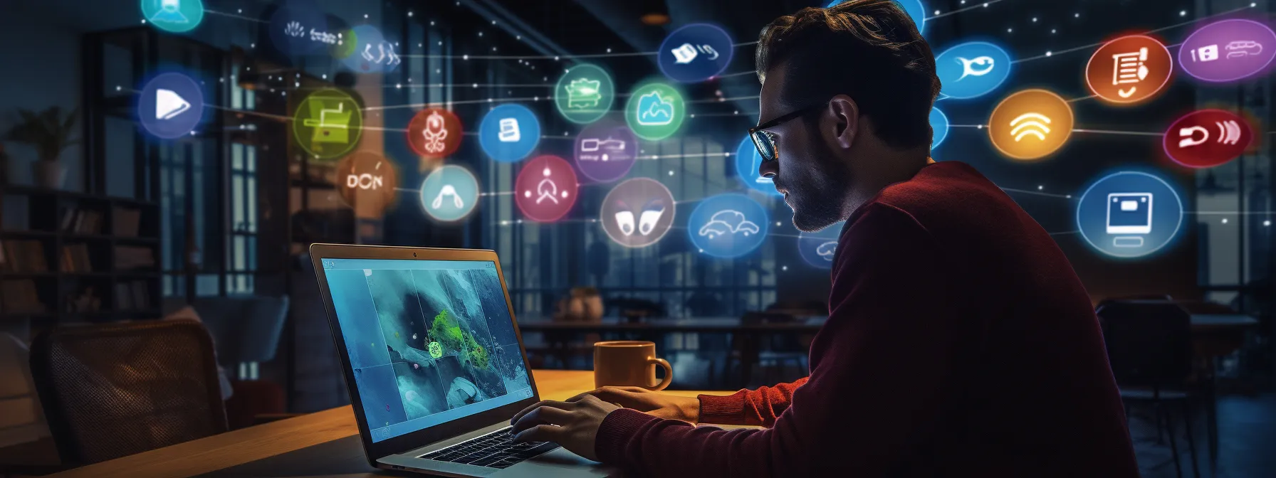 a person browsing a well-designed website with engaging social media icons and high-quality content.