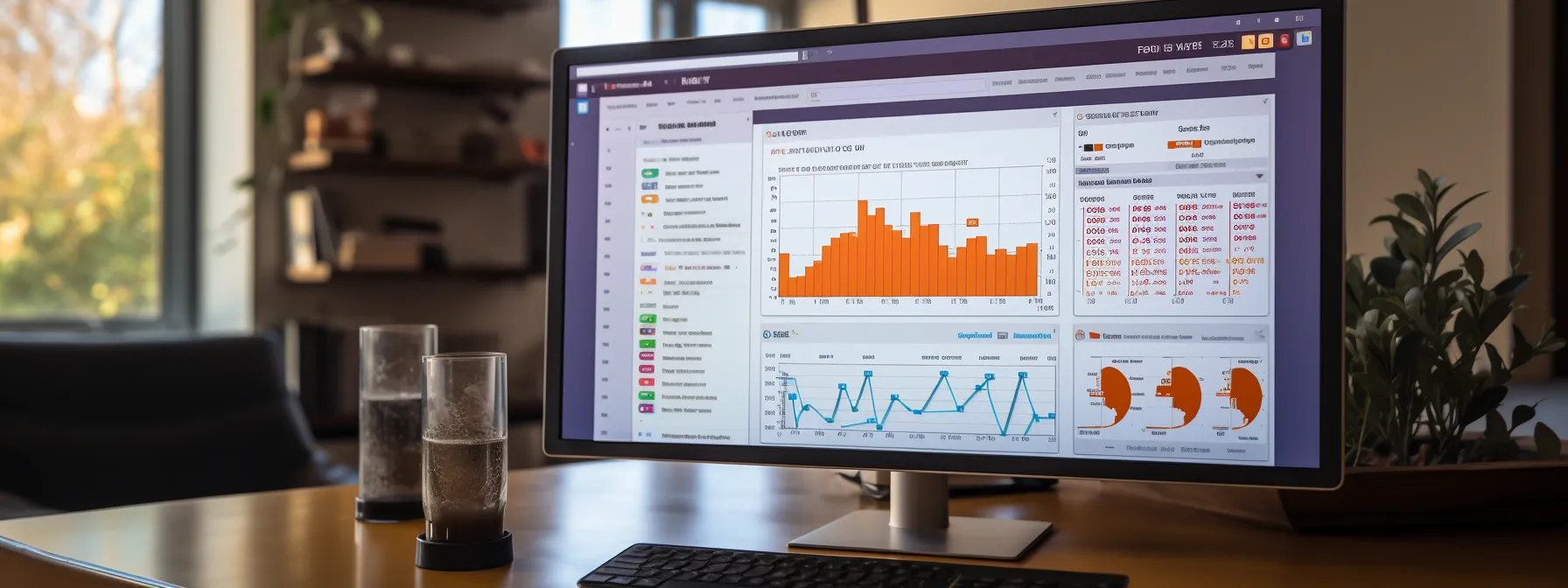 a person analyzing a computer screen with a link building analytics tool open, displaying data and metrics related to backlinks, keywords, and content effectiveness.