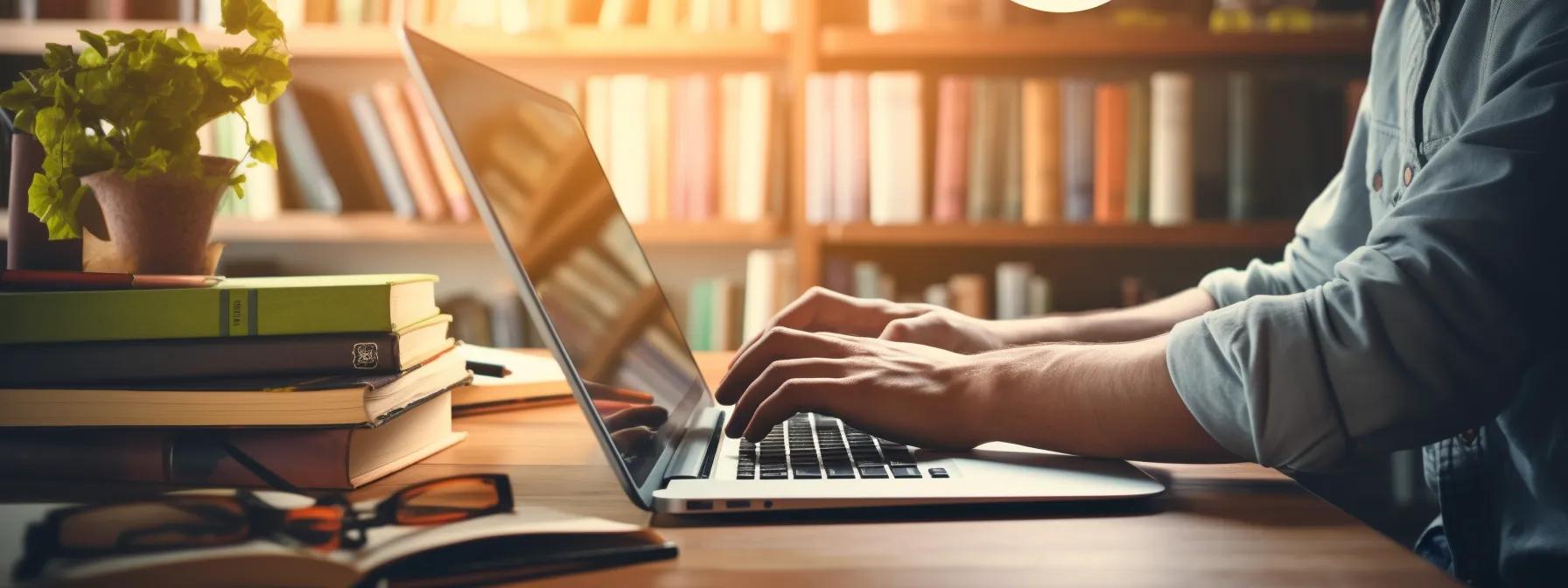 a person typing on a laptop while surrounded by books, infographics, and a guest blogging guide.