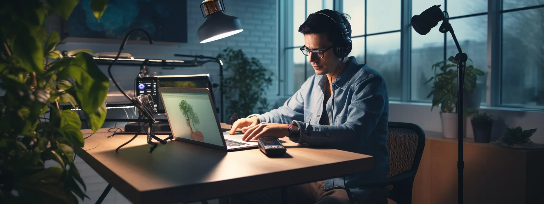 a person sitting at a desk, creating and sharing different types of content marketing materials like blog posts, infographics, podcasts, and videos.