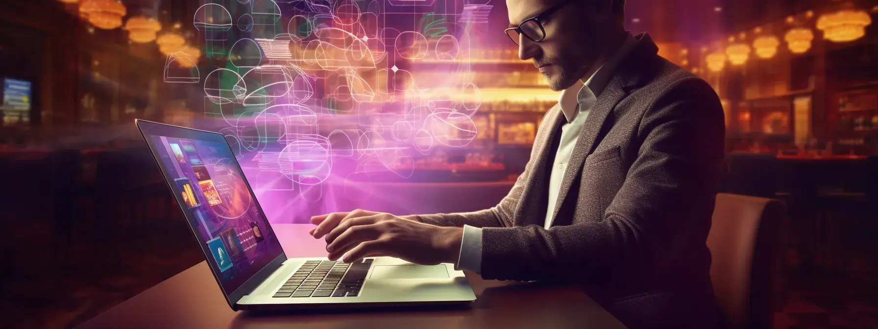 Businessman working on a laptop with glowing AI and data flow graphics surrounding him in a stylish, dimly lit workspace