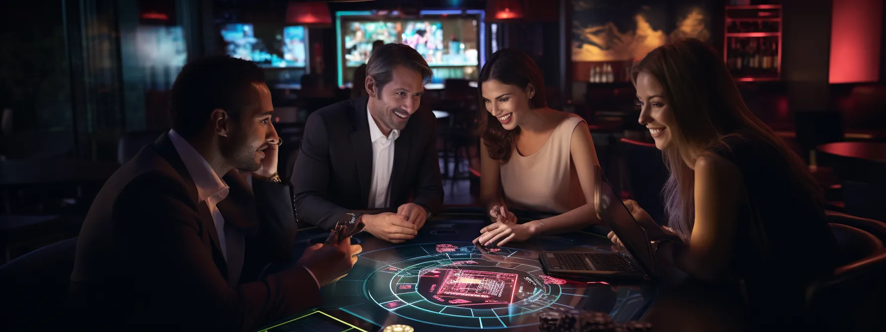 a group of people discussing and comparing different online marketing approaches at a casino.