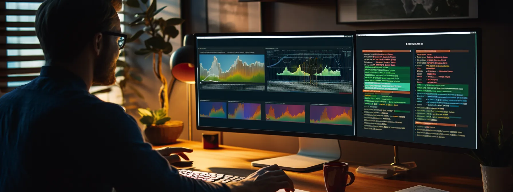 a person monitoring trends and observing audience behavior on a computer screen, surrounded by various types of content like blog posts, infographics, video content, and community discussions.