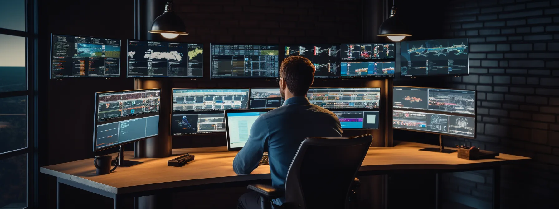 A person sits at a desk with multiple computer monitors displaying data, graphs, and maps in a dark, modern control room.