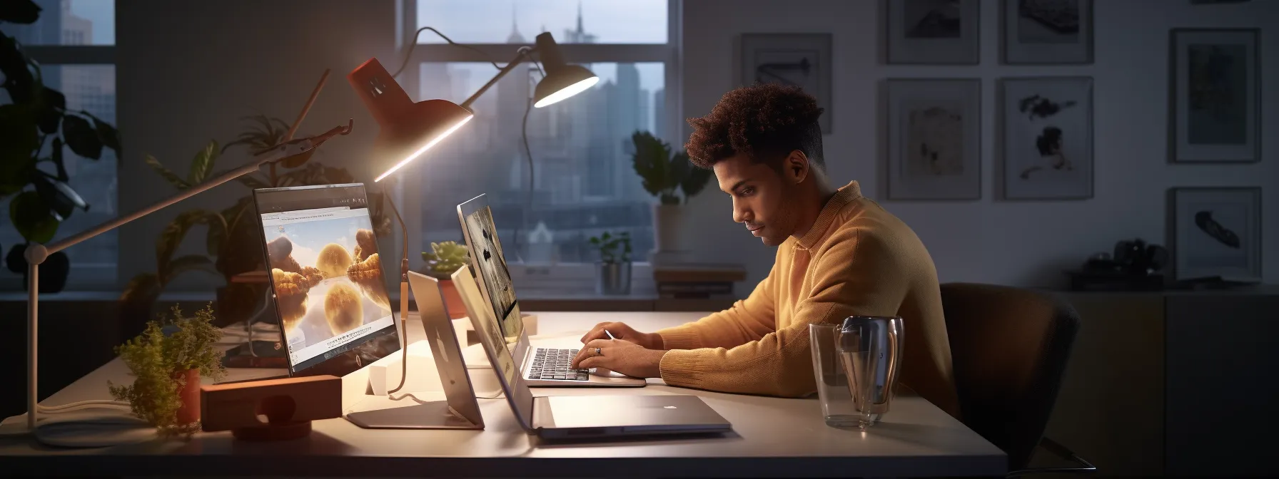 Focused man working on a laptop at a modern desk with multiple screens and indoor plants