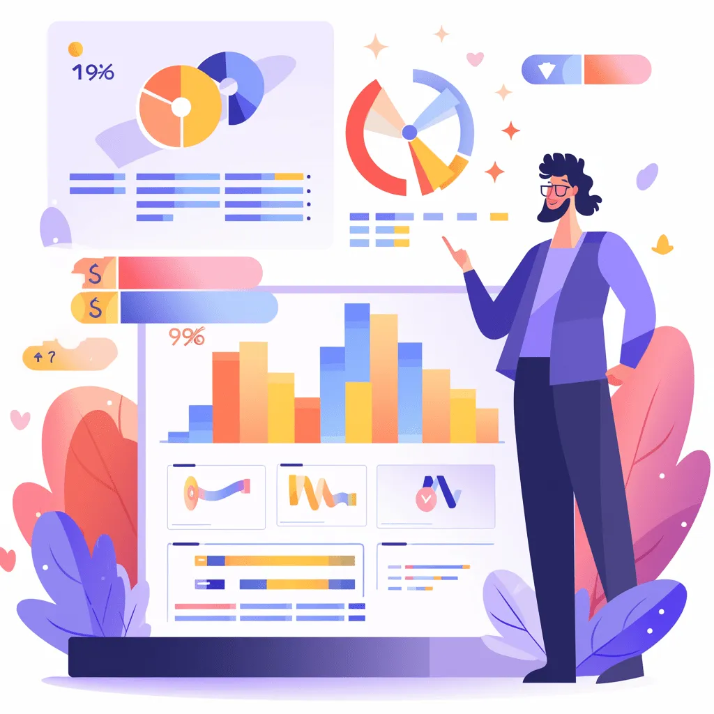 Illustrated man presenting colorful data dashboards with pie charts, bar graphs, and infographics on a large digital screen, symbolizing data analytics and performance insights.