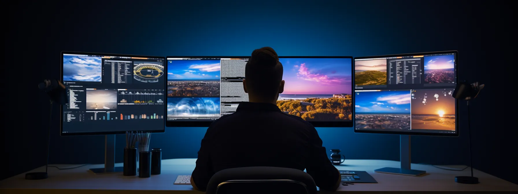 Person working in front of six large monitors displaying data, code, and scenic visuals