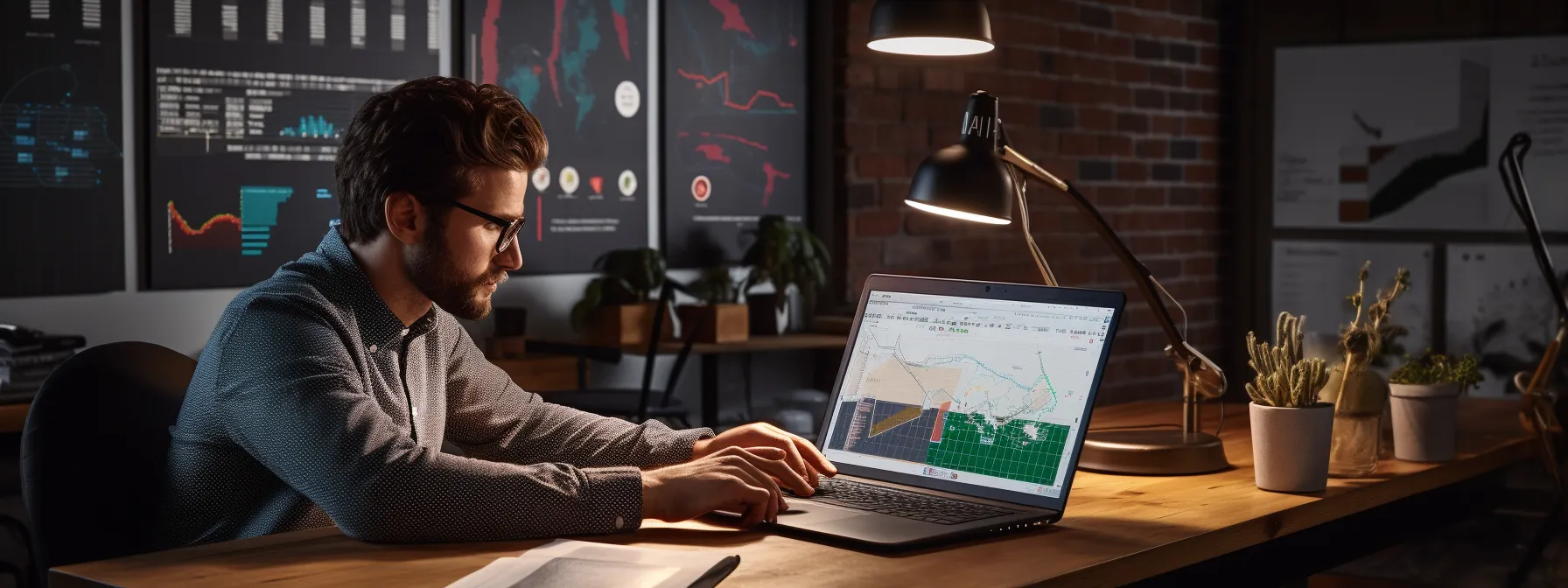 a person sitting at a desk, with a laptop open, surrounded by charts and graphs, planning and strategizing their seo goals for utilizing aged domains.