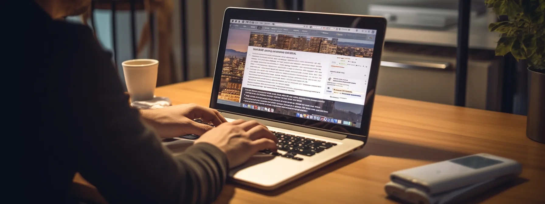 a person typing on a computer with a webpage open illustrating the concepts of semantic seo and link building.