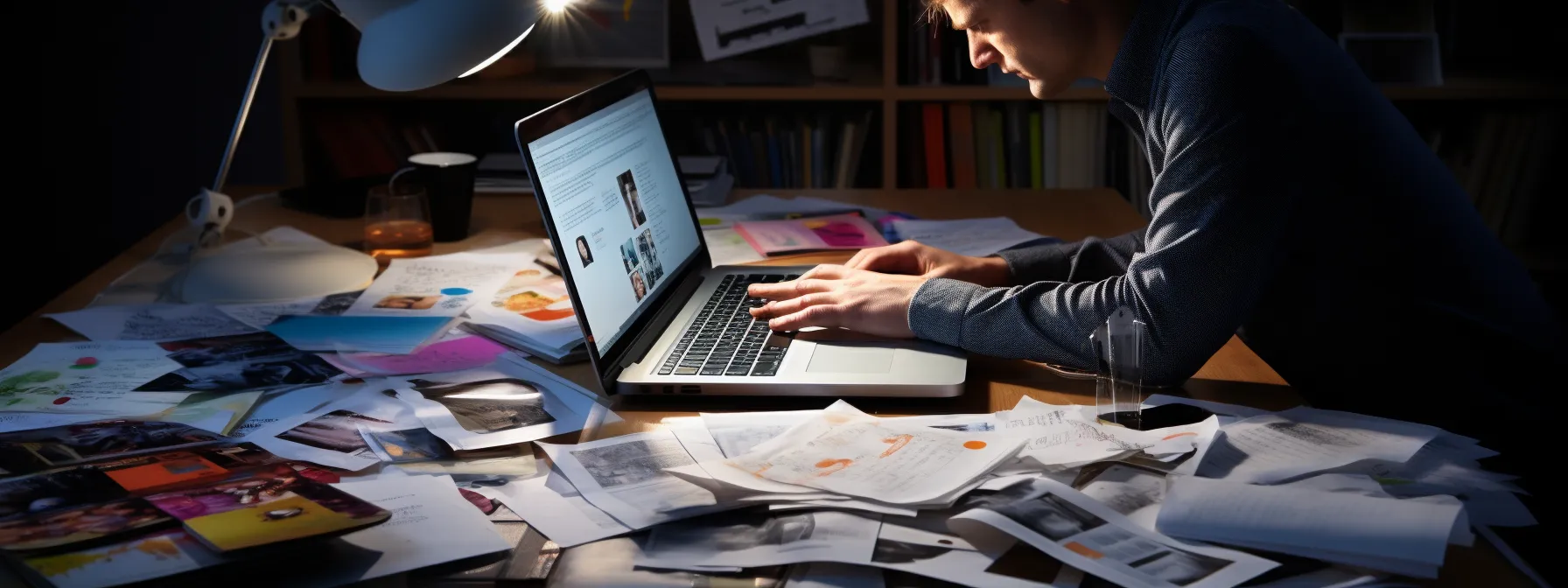 a person working on a laptop, surrounded by notes and research materials, adjusting their content strategy after the helpful content update.
