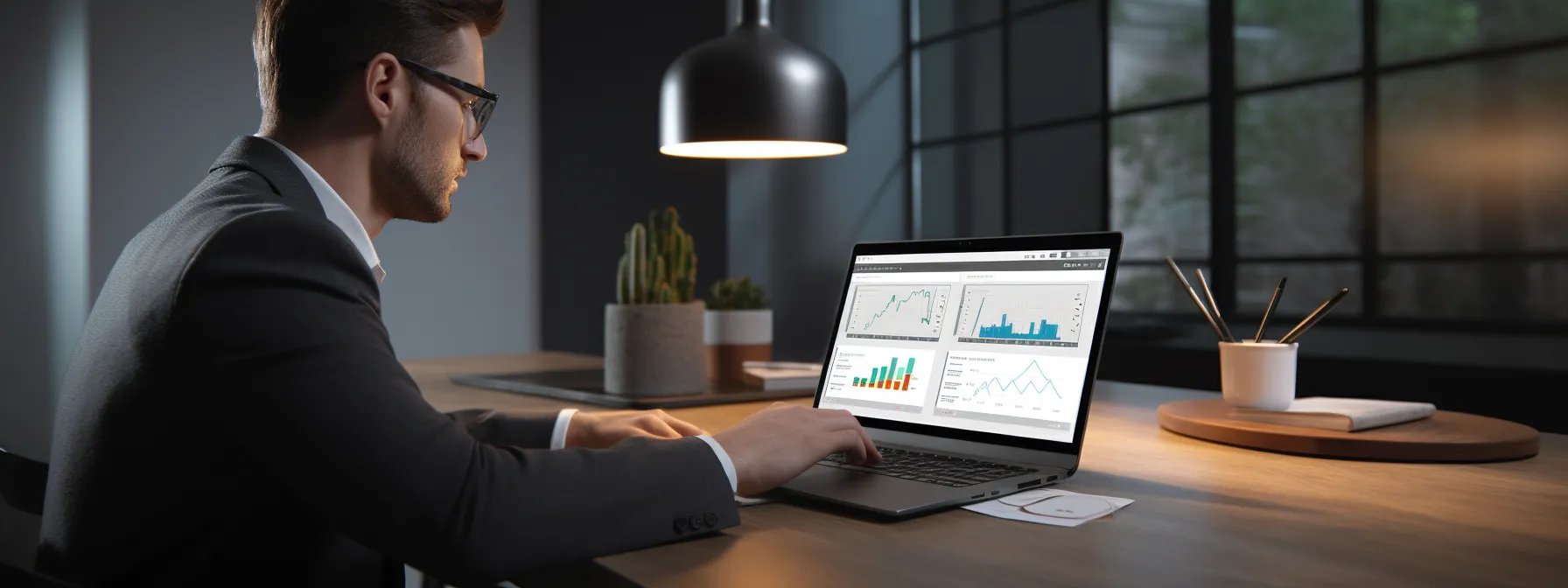 a law firm representative working on a laptop, surrounded by charts and graphs depicting the connection between quality link building and seo success.