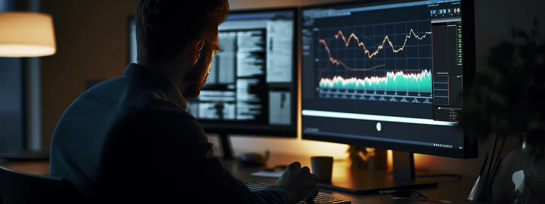 a person looking at a computer screen, analyzing data and keywords with a focused expression.