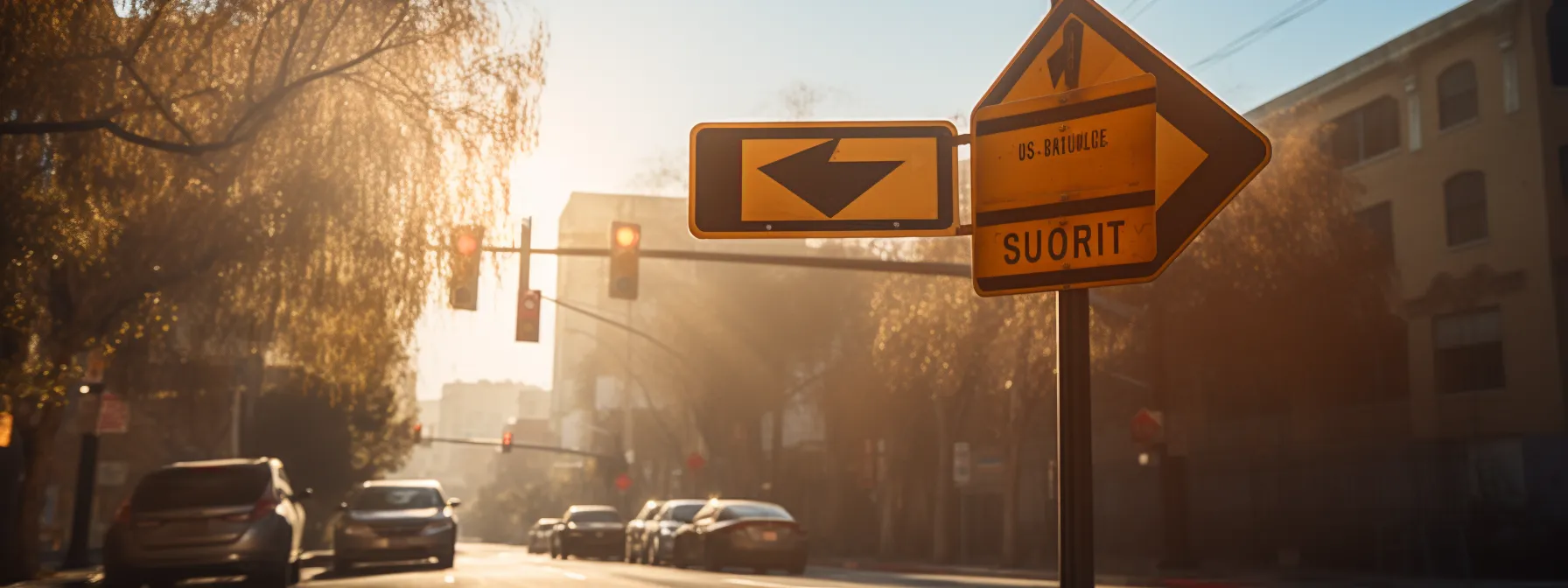 Street scene with traffic signs, one showing a left arrow and another with the words "US-BAVIQUE SUORIT," illuminated by sunlight with cars and buildings in the background.