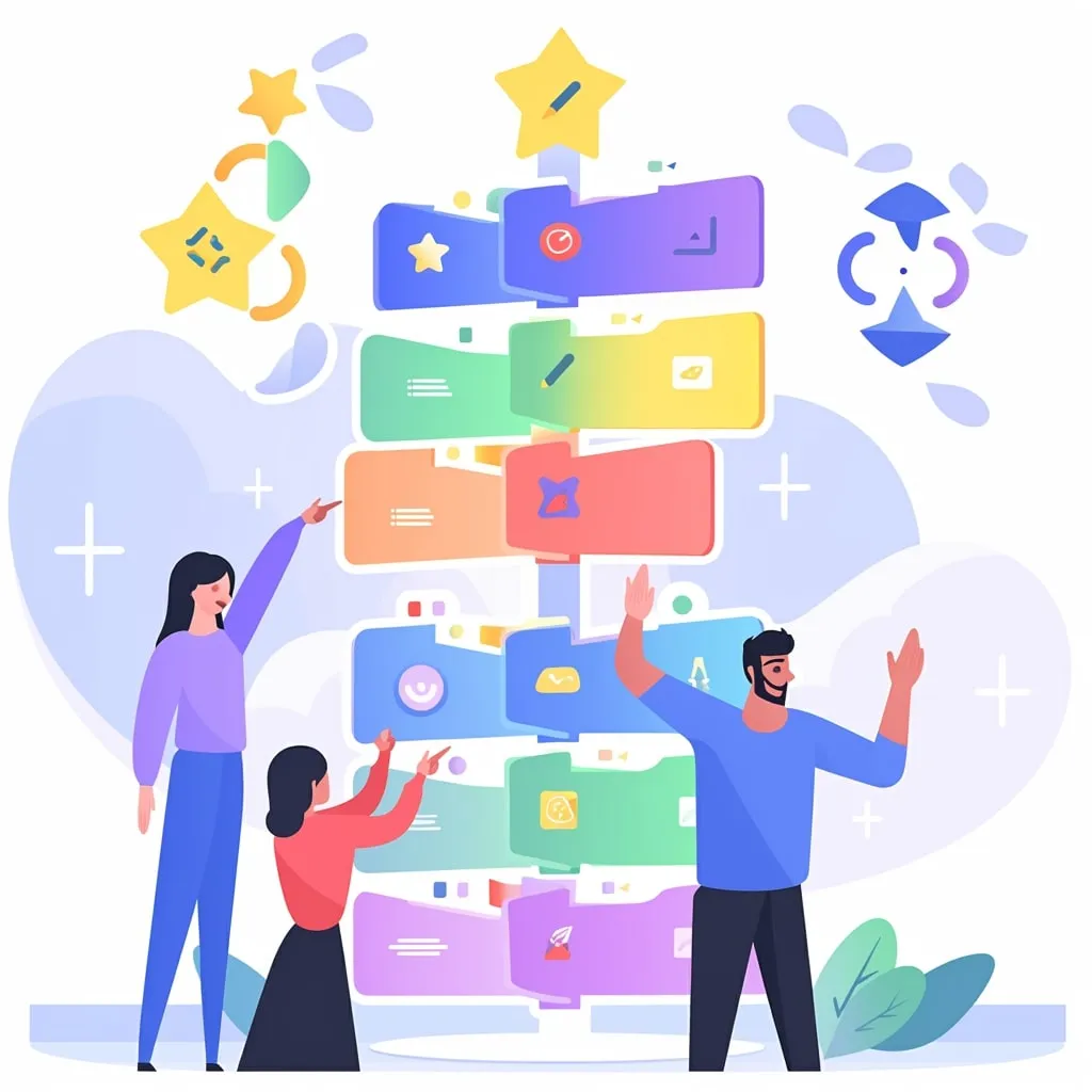 Illustration of people interacting with a colorful, tree-shaped digital interface made of icons and UI elements