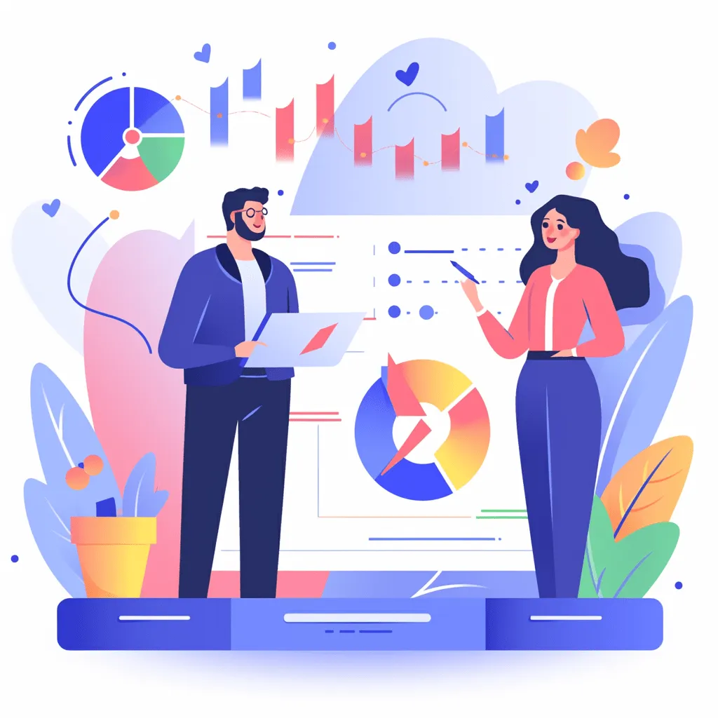 Two business professionals analyzing charts and graphs with digital devices, surrounded by data visualizations including pie charts, bar graphs, and metrics, representing teamwork and data-driven strategy.