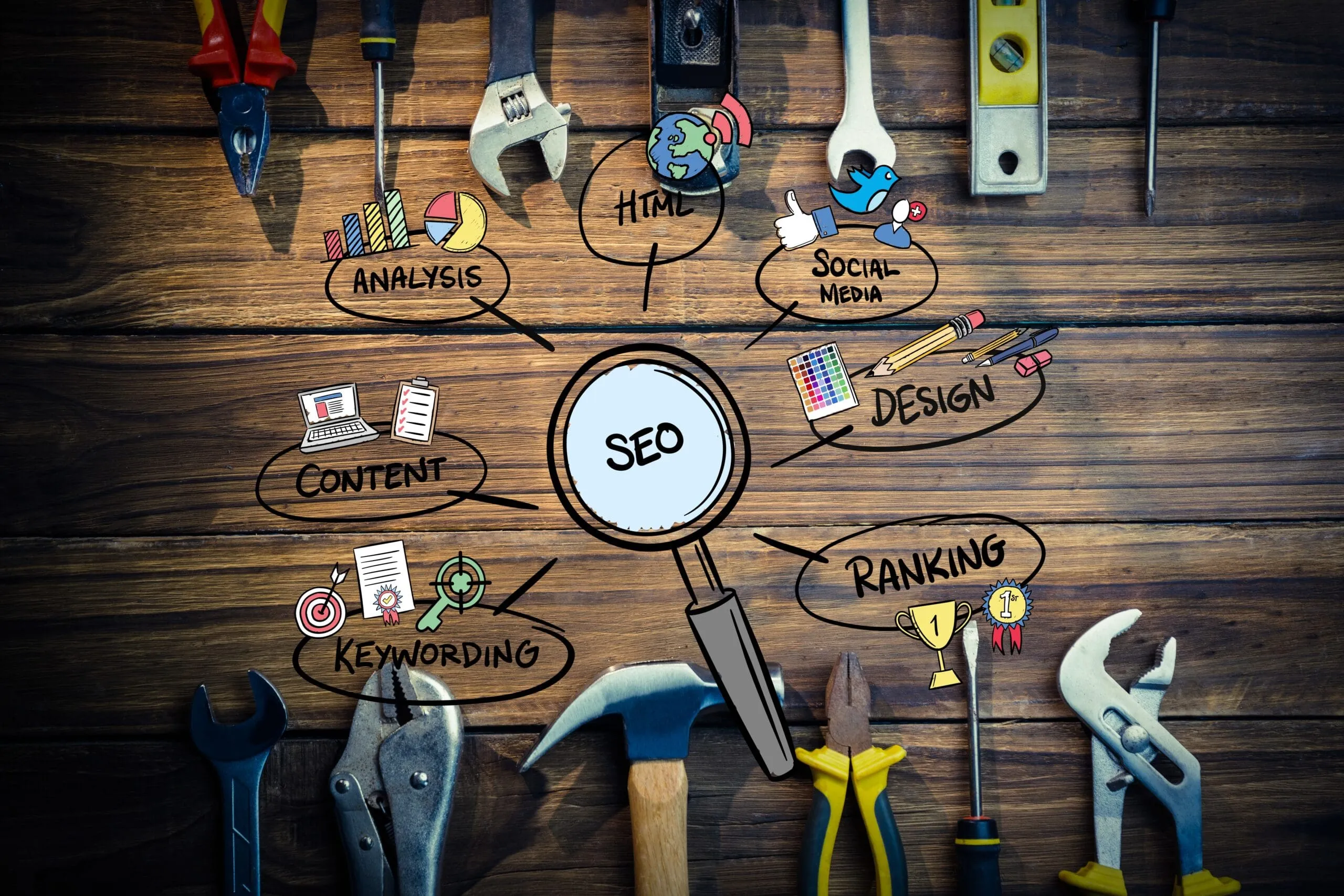 SEO strategy components like content, design, keywords, and ranking shown with tools on wood background