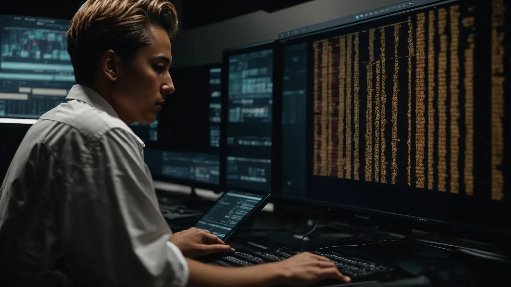 Analyst examining lines of code and system data on multiple monitors in a dark workspace