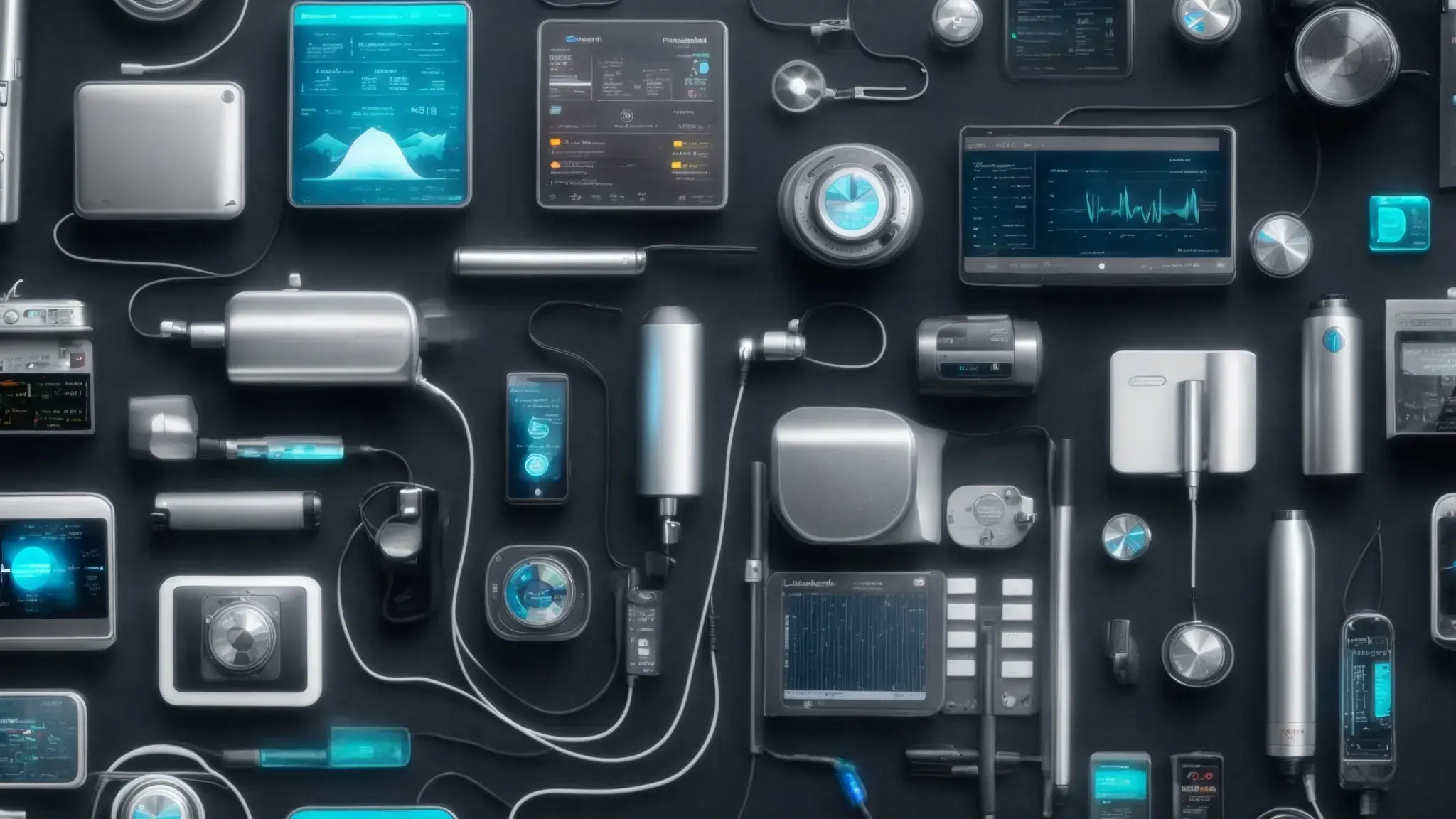 Assorted modern medical devices and digital health monitors arranged neatly, displaying various health data on their screens