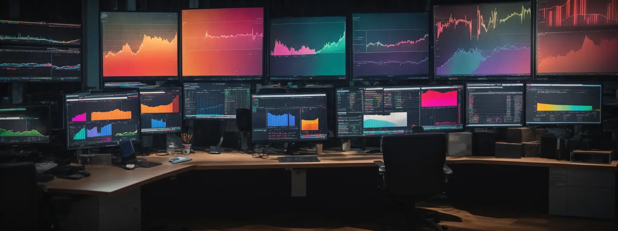 A large desk setup with multiple monitors displaying financial data, stock charts, and colorful analytics dashboards
