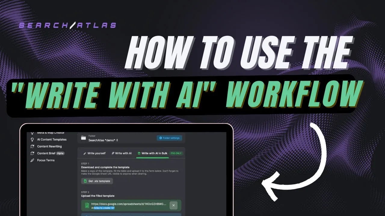 SearchAtlas tutorial cover image showing how to use the "Write with AI" workflow with visual steps and interface elements