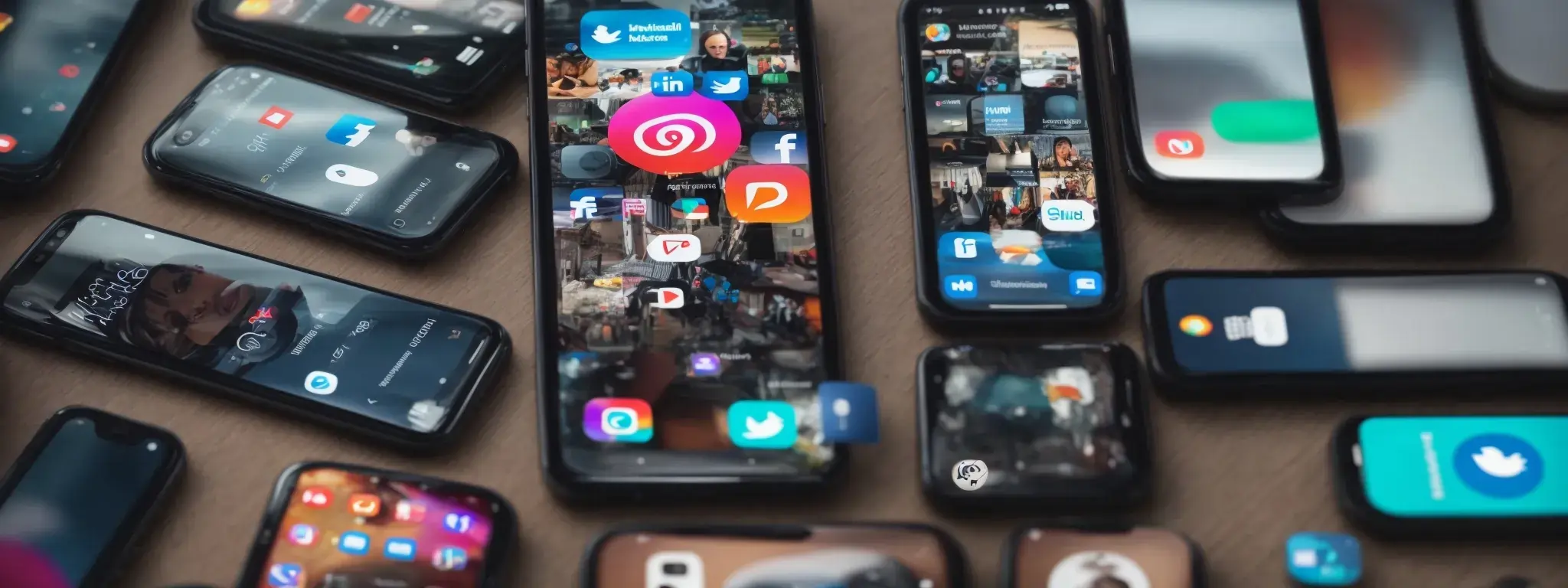Various smartphones displaying social media app icons on their home screens