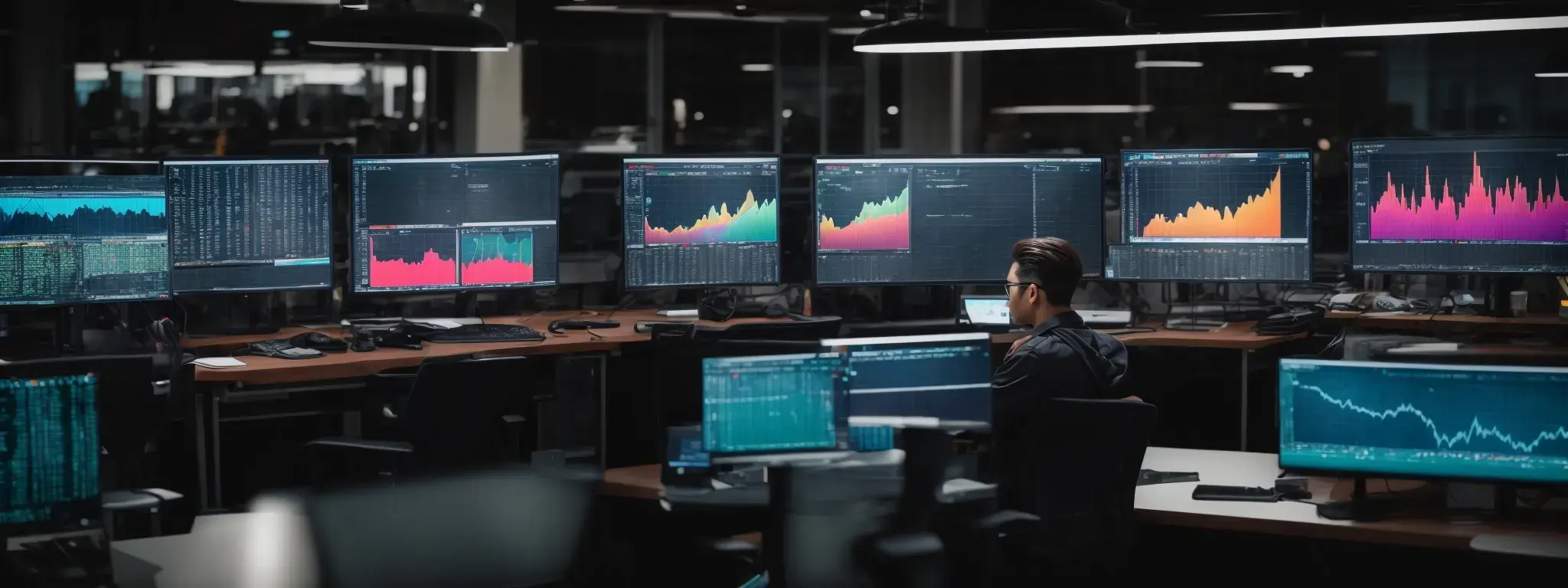 Trader analyzing financial graphs across multiple monitors in a dark office setting