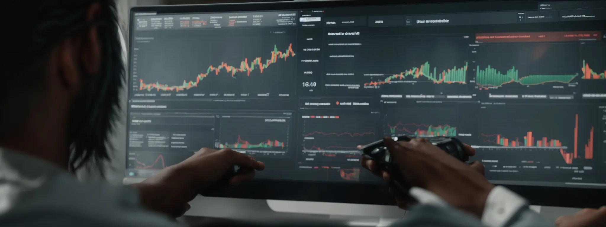 a person scrutinizes analytics on a computer screen showing a user-friendly dashboard with fluctuating seo metrics. 