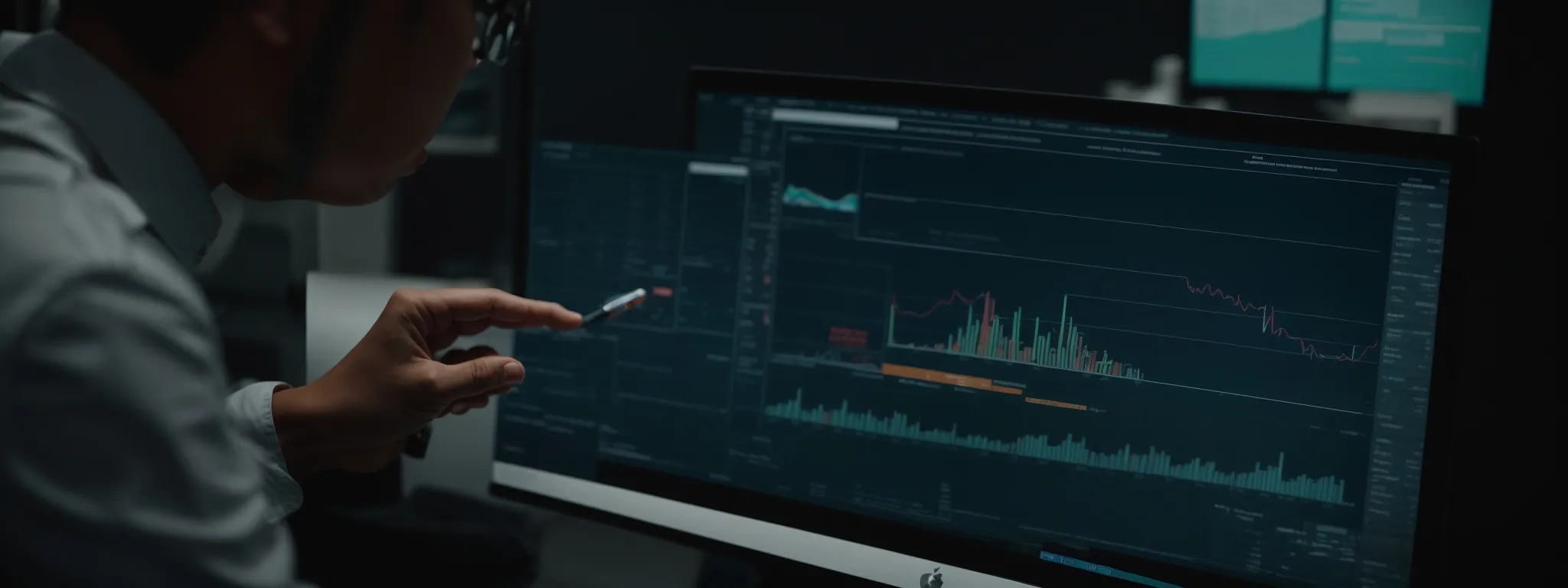 a businessperson analyzing a dashboard displaying customer interaction metrics on a computer screen.