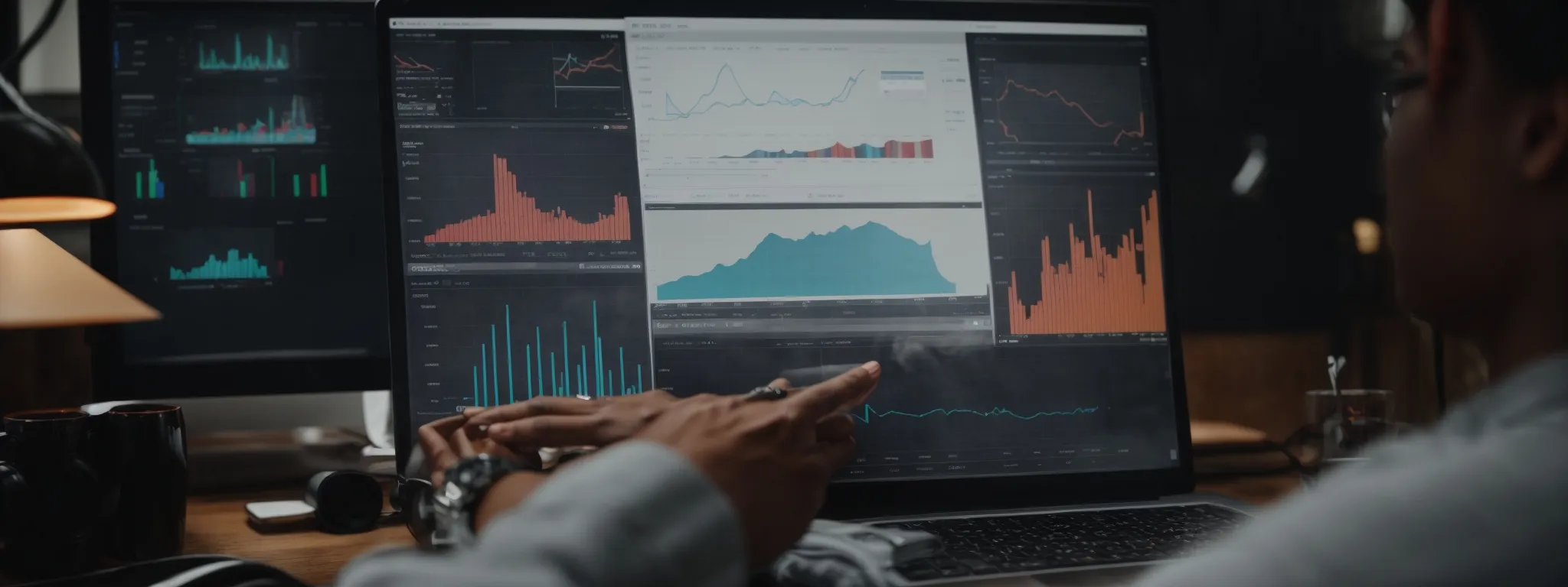 a person working intently on a laptop with analytics charts and graphs displayed on the screen.