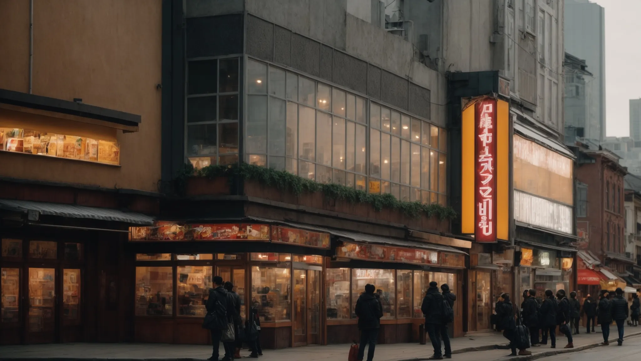 a panoramic view of diverse franchise storefronts lining a bustling city street.