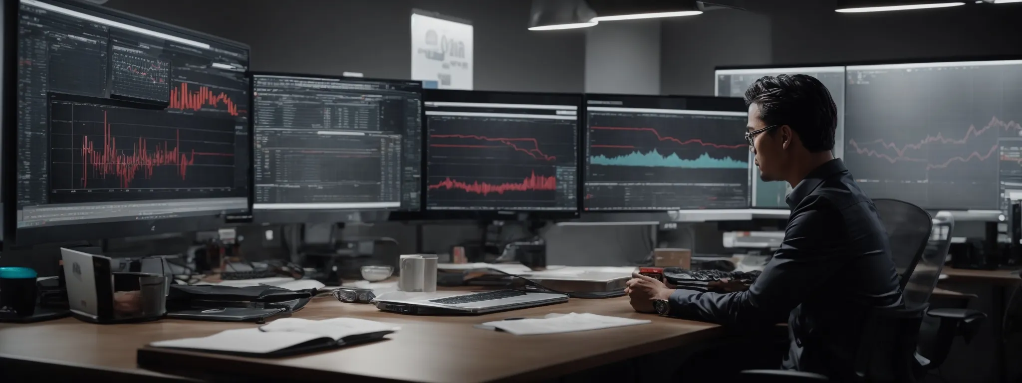 a marketer strategizes at a spacious desk with two monitors displaying graphs and a digital campaign, highlighting the intersection of content and digital marketing strategies.