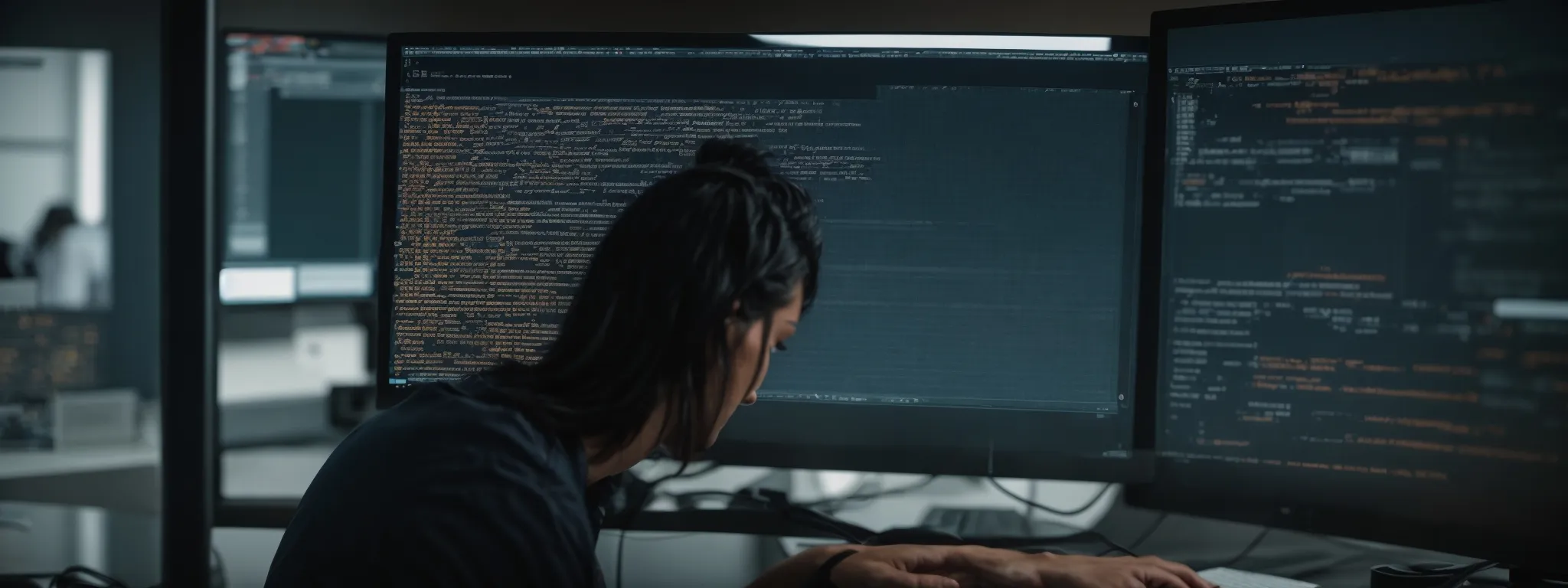 a person sits before a large monitor displaying a web development interface with focus on html code for seo optimization.