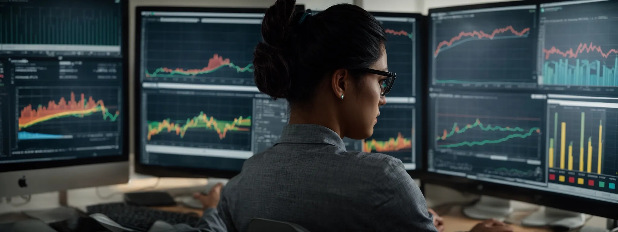 a marketing professional analyzing colorful graphs and charts on a computer screen, showcasing website traffic and conversion metrics.
