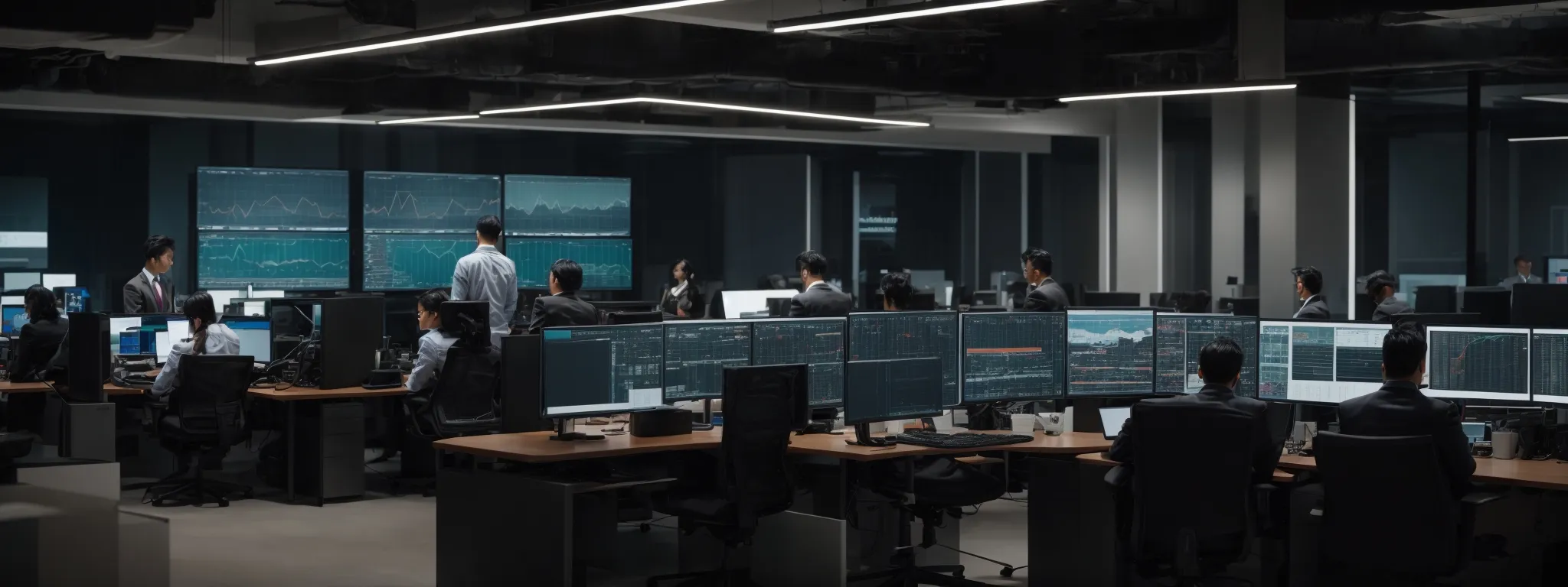 a modern office with professionals monitoring analytics on large screens, reflecting a lively digital command center.