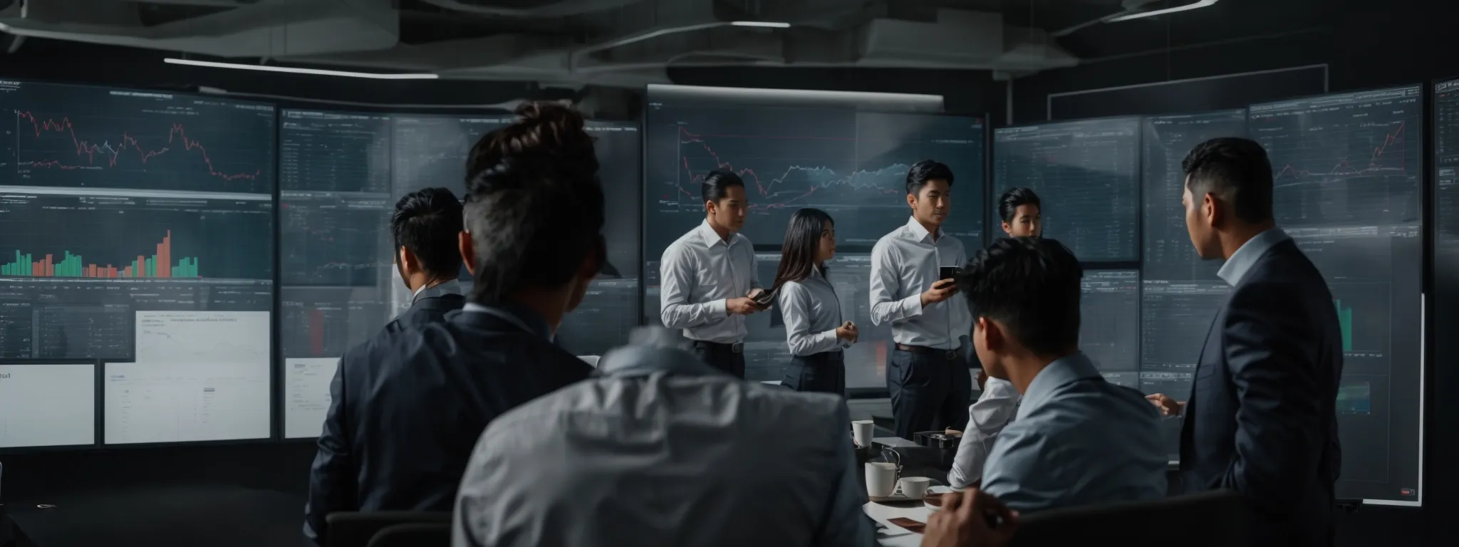 a group of marketers brainstorming around a digital analytics dashboard displaying website traffic metrics.