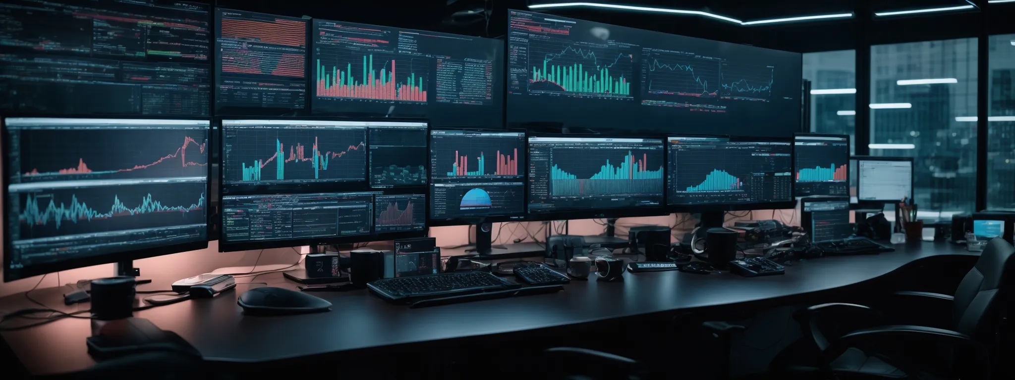 a modern office with multiple computer screens displaying colorful data analytics dashboard, with a focus on a central monitor highlighting a graph that interprets seo performance metrics.