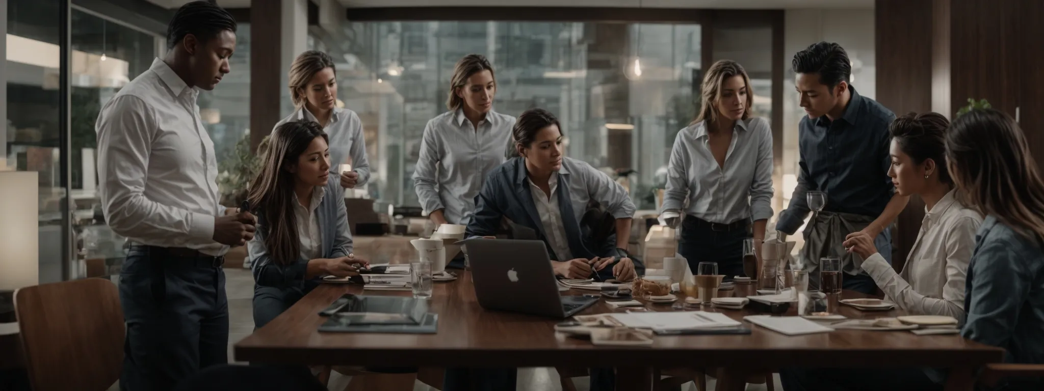 a team of professionals gathered around a table, strategizing over a unified marketing campaign blueprint.