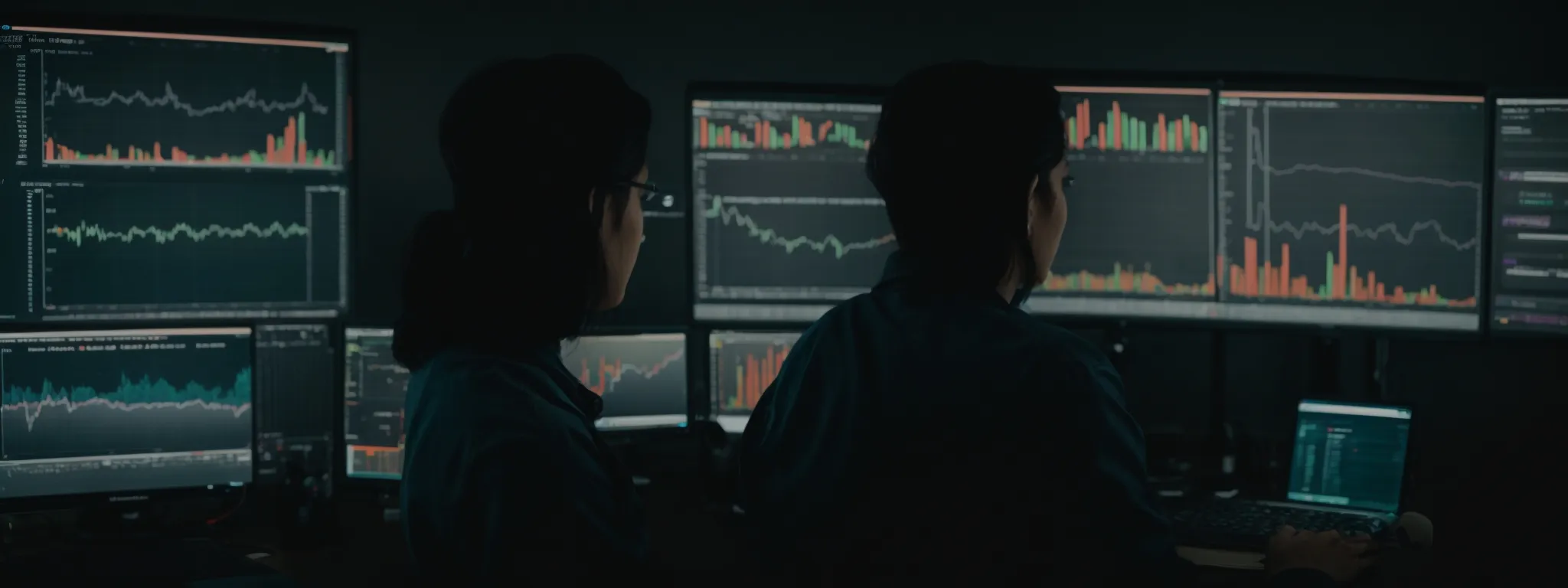 Two people monitor multiple computer screens displaying graphs and charts in a dark room, suggesting a focus on data analysis or financial trading.