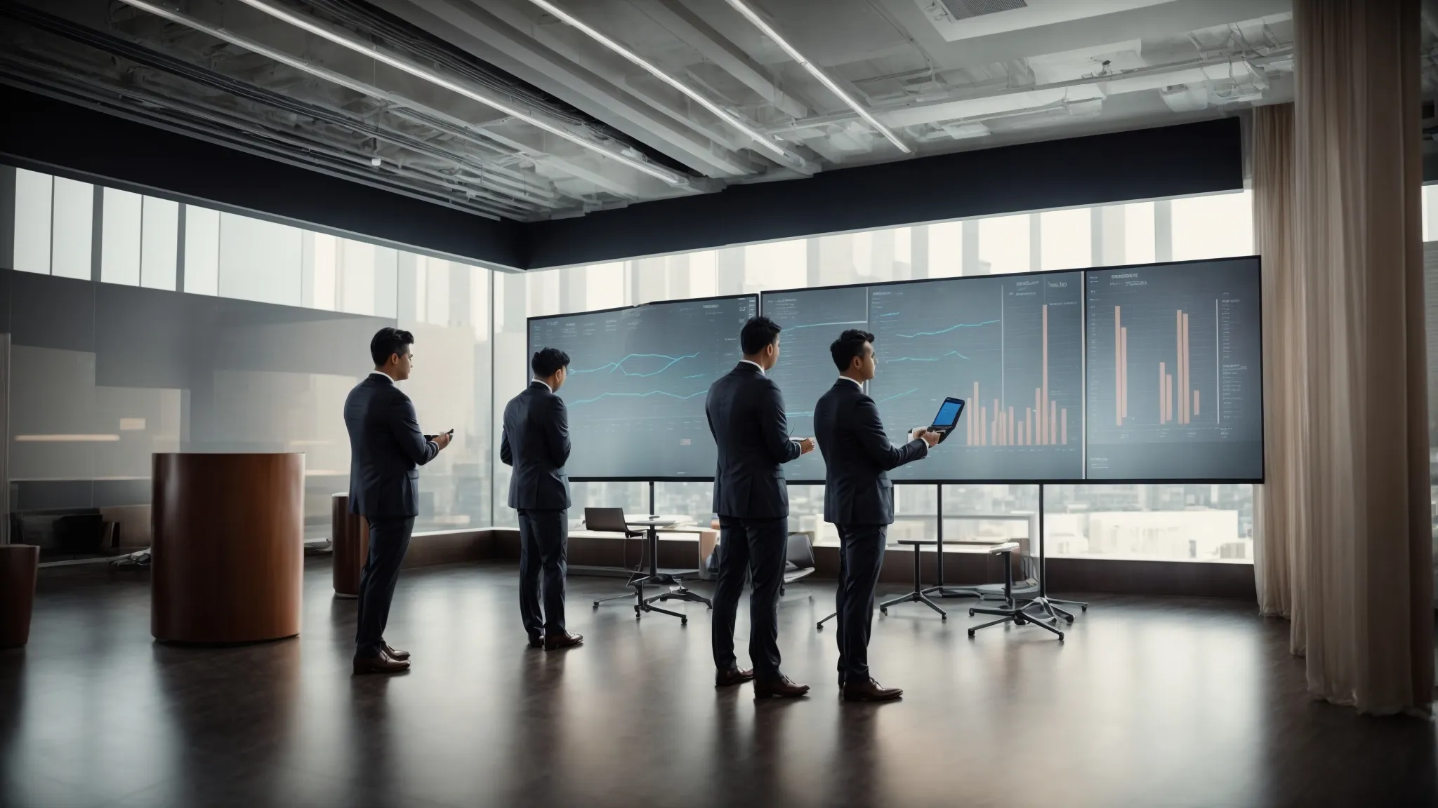 two marketers analyze graphs and charts on a large presentation screen in a corporate meeting room.