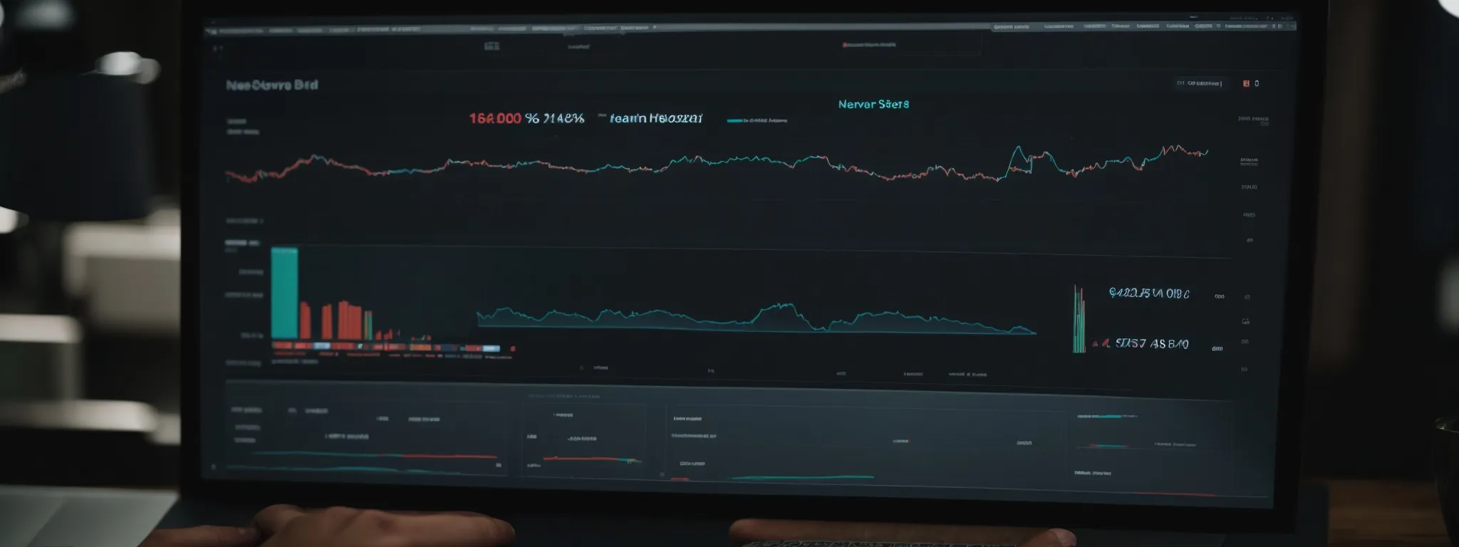 a computer screen displays a shopify dashboard with clear, organized sections and loading indicators signifying site speed optimization while an out-of-focus background suggests a modern office setting.