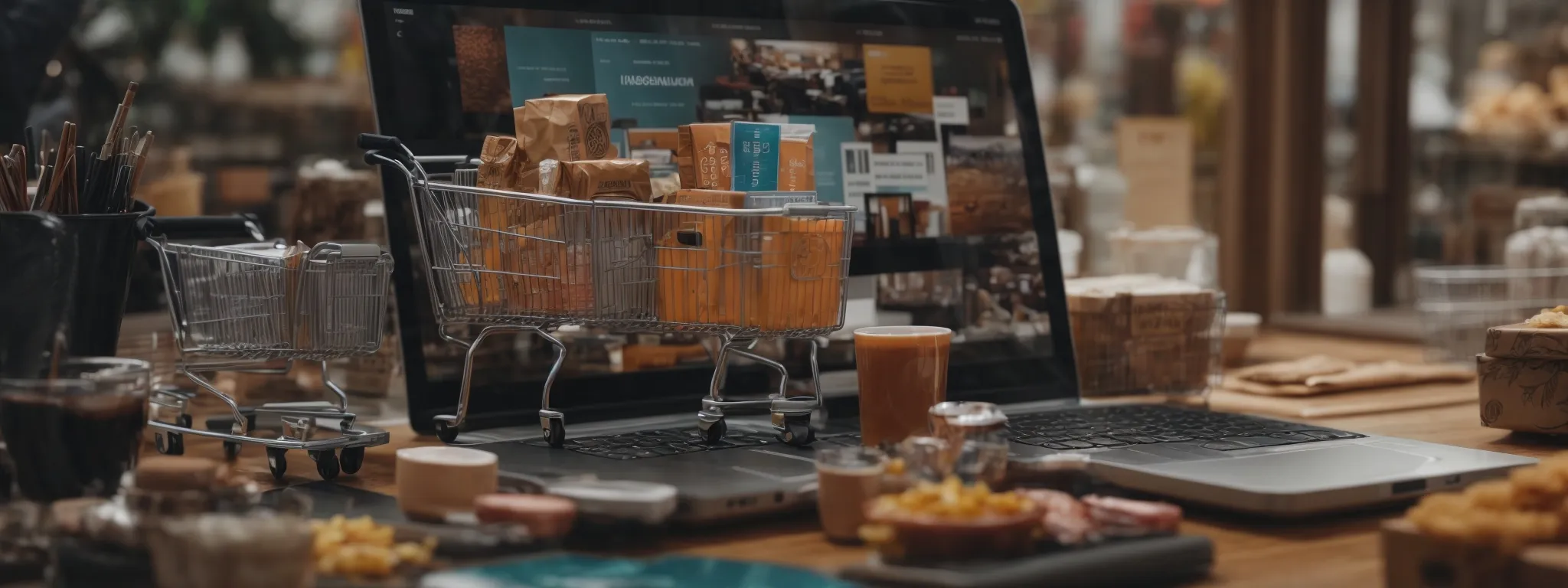 a bustling online shopping interface with a cart filled with diverse products symbolizes the booming ecommerce market.