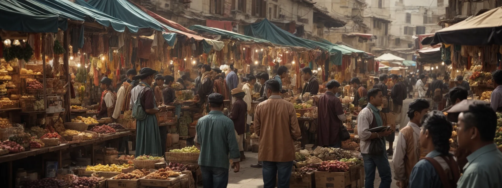 a lively marketplace scene with vendors using digital tablets to showcase products to engaged shoppers.