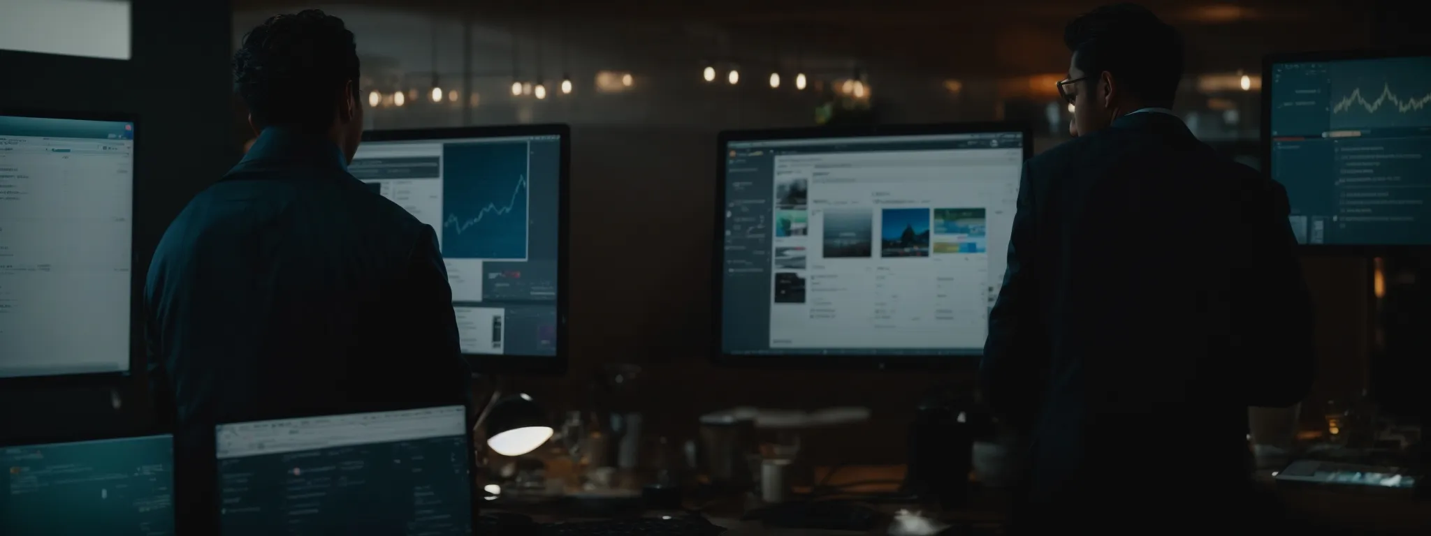 a marketer looks at analytics on a laptop screen with diverse social media icons visible in the background.
