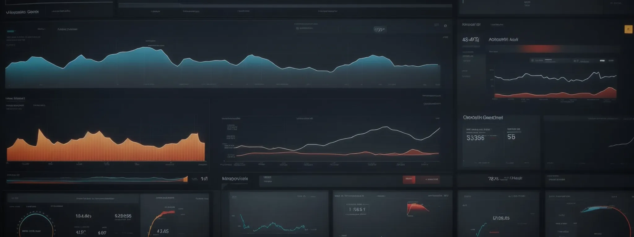 a panoramic view of a complex dashboard displaying various graphs and charts indicative of website analytics and performance metrics.