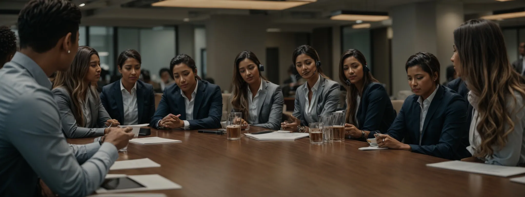 a group of marketing professionals gathers around a conference table, attentively participating in a customer service excellence workshop.