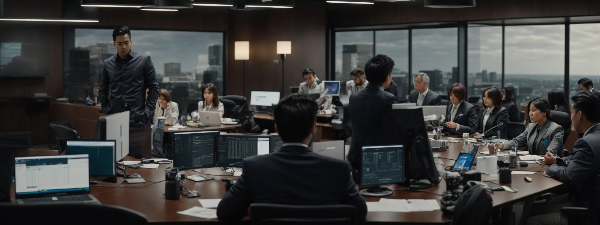a team of professionals discusses strategies around a conference table filled with computers displaying data analytics.