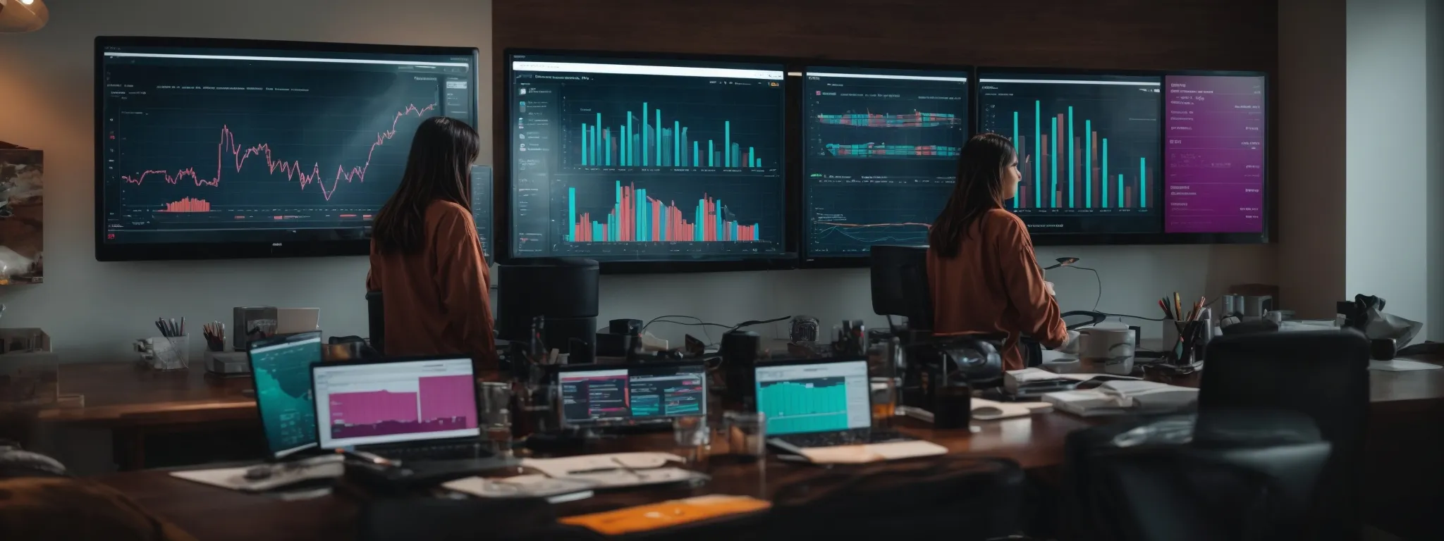 a marketing strategist evaluates a colorful data analytics dashboard showcasing website traffic trends.